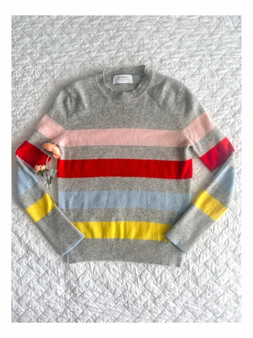 La Ligne 100% Cashmere Rainbow Stripe Crewneck Sweater Gray XS Jumper